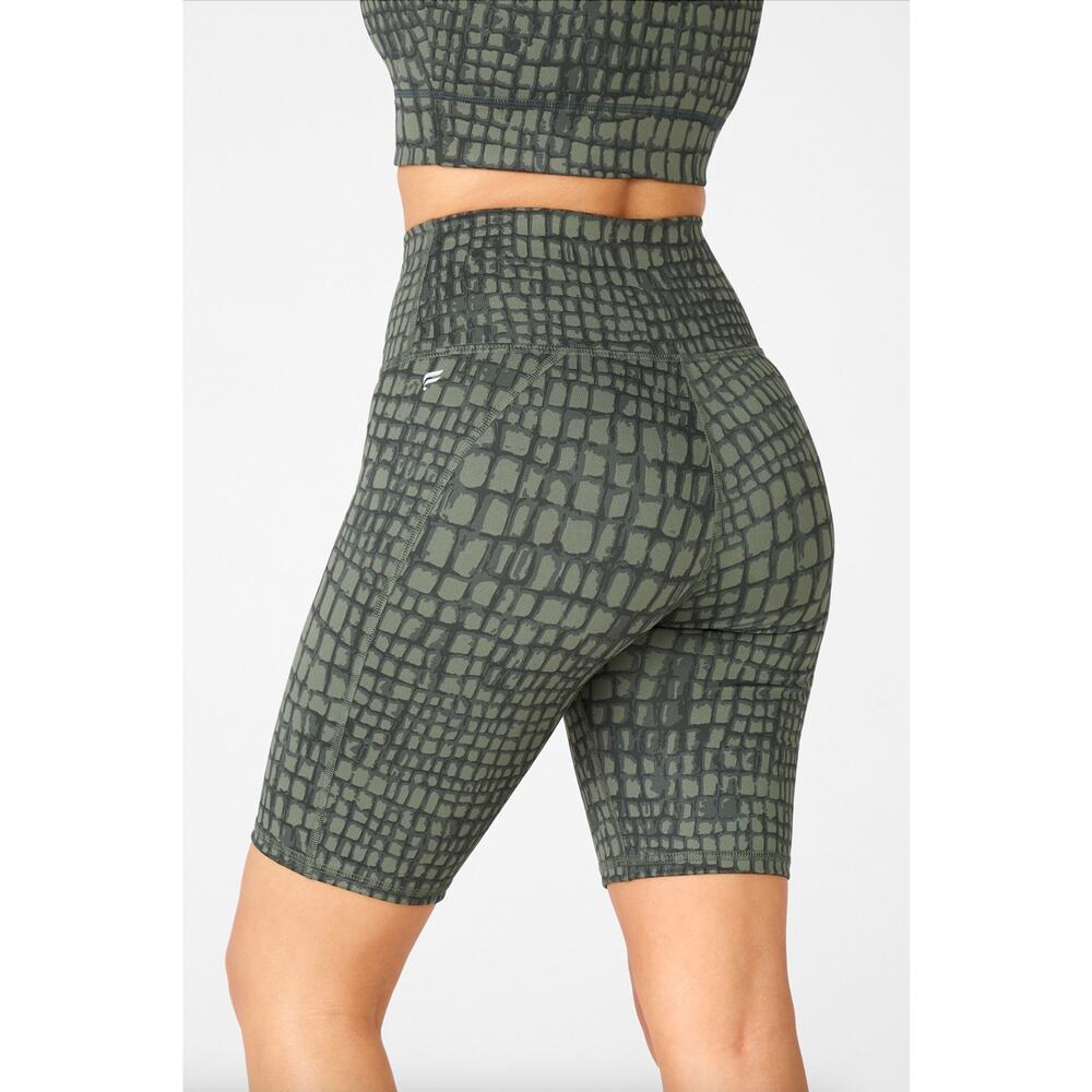 Fabletics Define PowerHold High-Waisted 9'' Shorts Safari Crocodile Green Size S